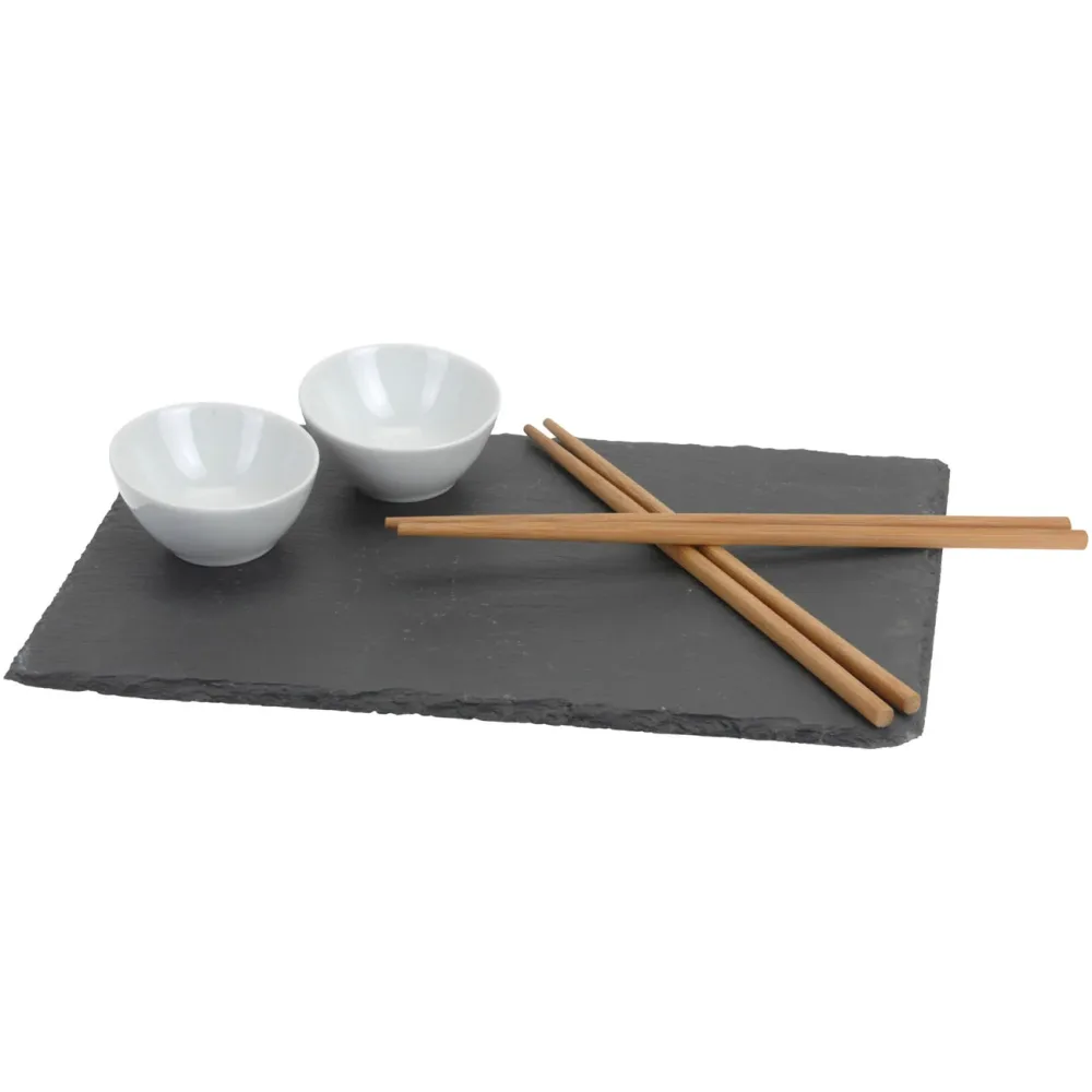 7-teiliges Sushi-Set, Schieferplatte, 2 Saucenschalen und 2 Paar Bambus-Stäbchen