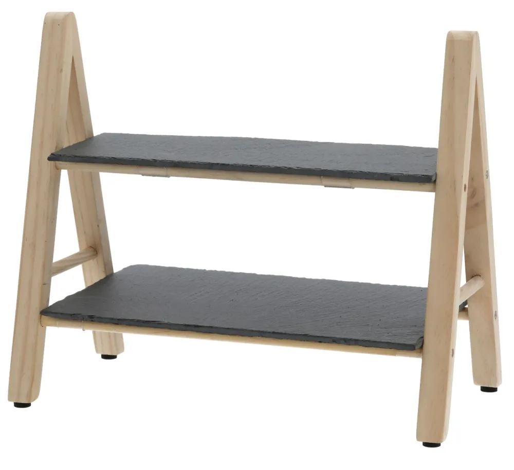 Etagere aus Schiefer und Kiefernholz, Servierständer mit 2 Etagen, 32 x 18 x 28 cm