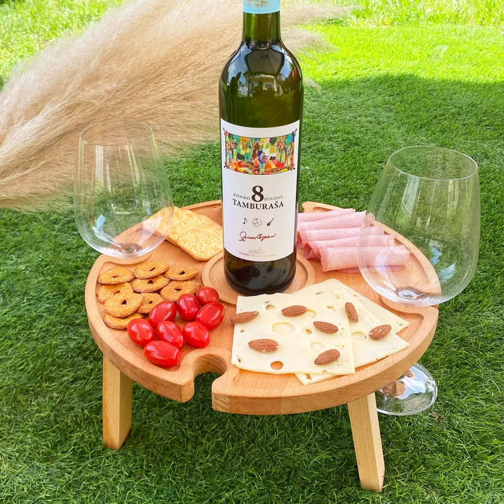Servier- und Weinbrett mit Füssen und Gläserhalterung, Buche, Braun, Ø 35 cm