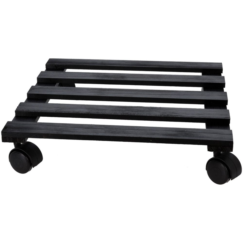 Pflanzenwagen, schwarz, quadratisch, Tannenholz, Rollwagen, L 28,5 x B 28,5 x H 4,5 cm