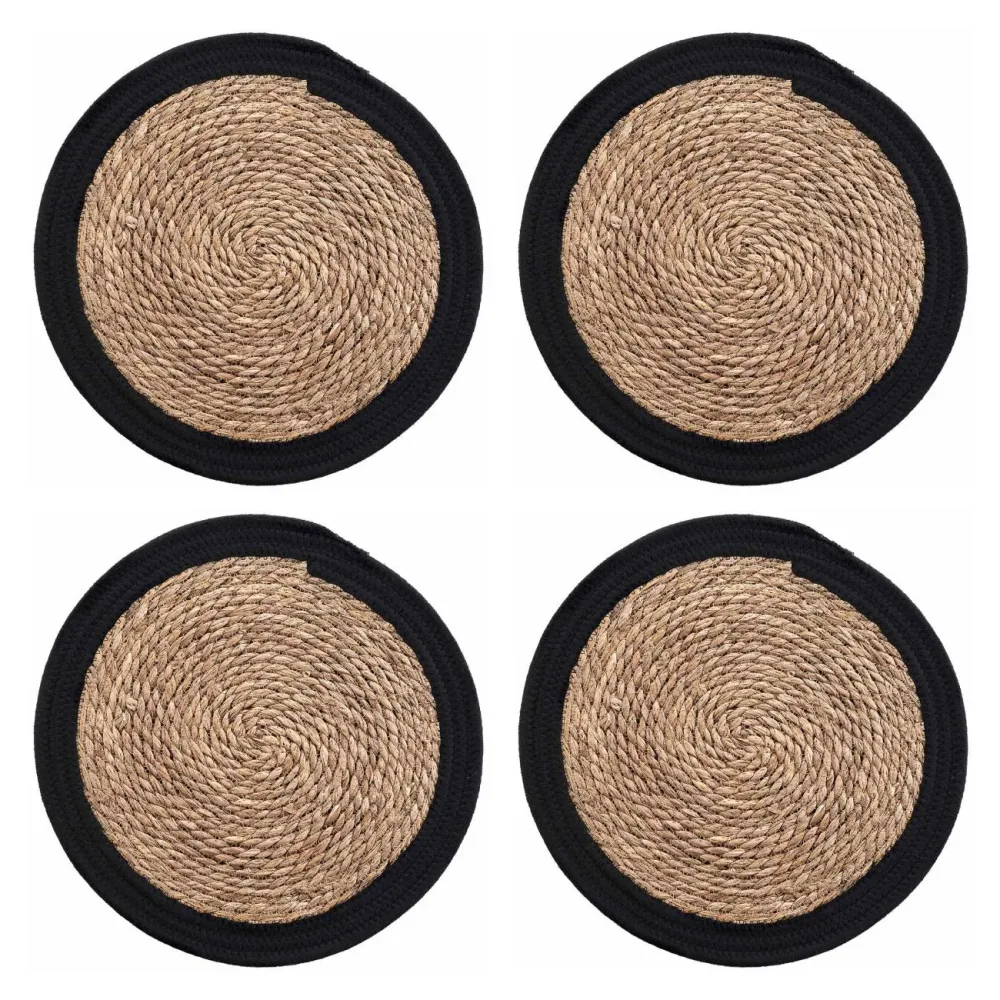 4er Tischsets aus Stroh-Geflecct, Platzdeckchen mit Baumwolle, braun, schwarz, Ø 38