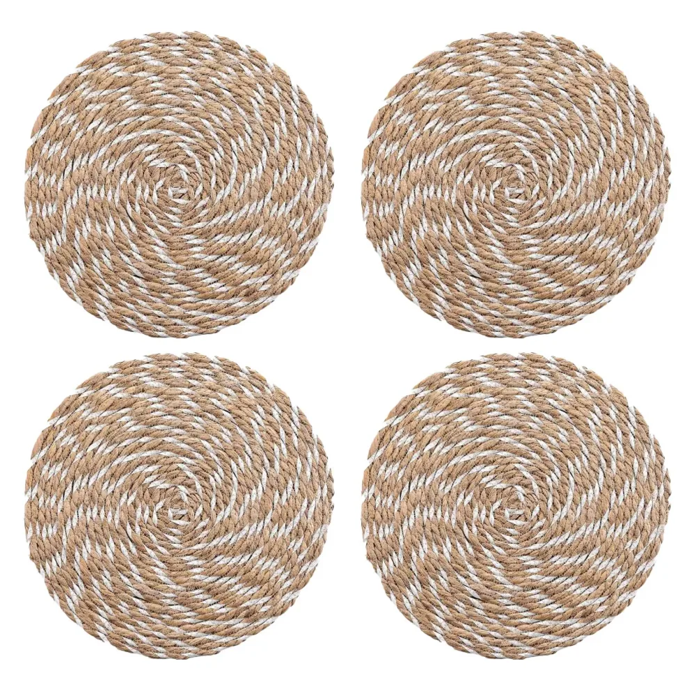 4er Tischsets aus Stroh- und Polyester-Geflecht, Platzdeckchen rund, braun, weiss, Ø 38