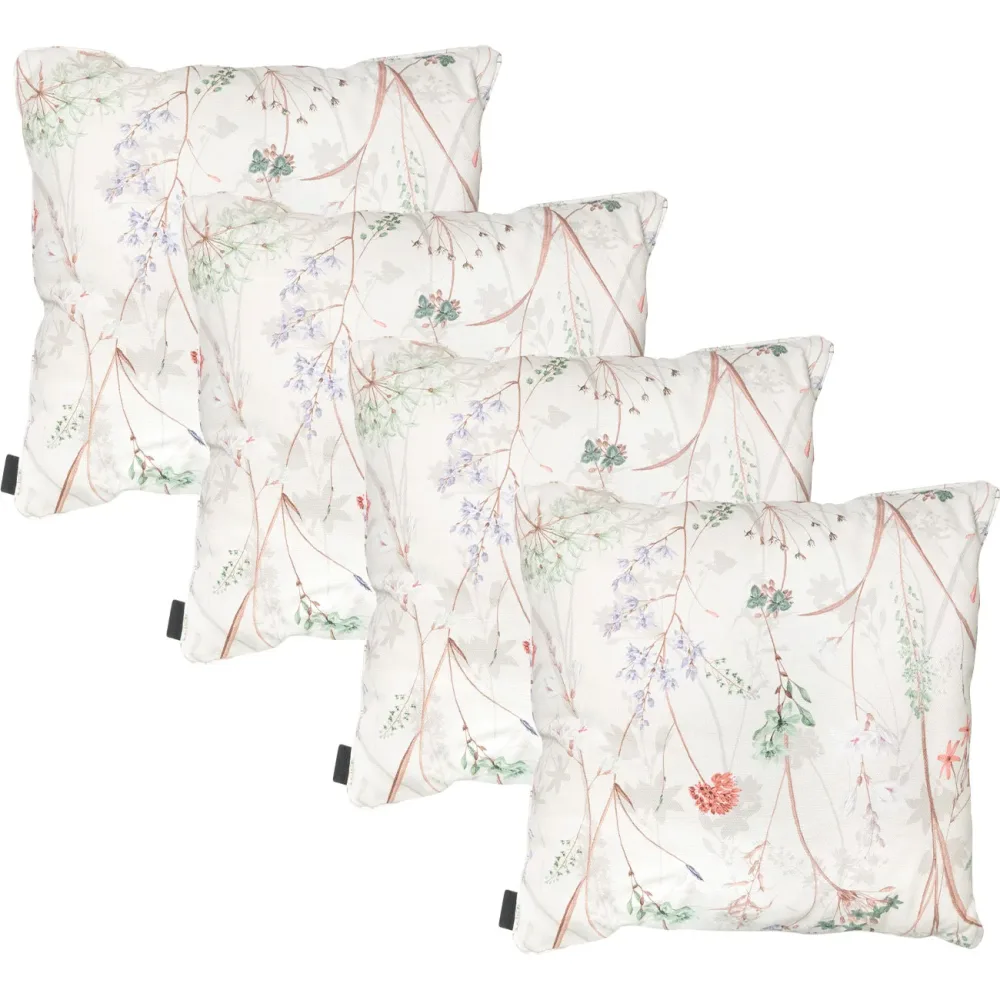 4er-Set Deko-Kissen Outdoor, Blumenmuster weiss, 50 x 50 x 10 cm