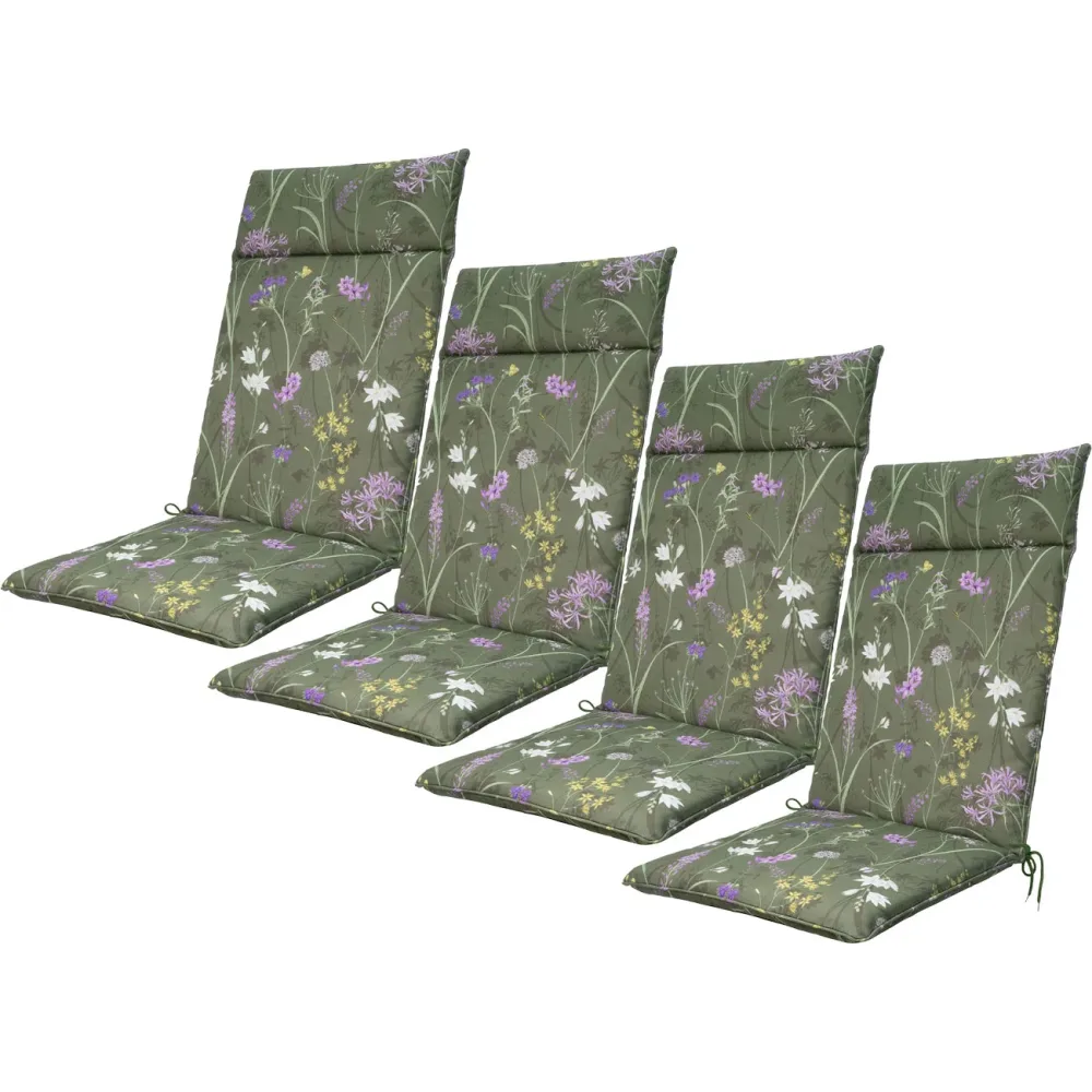 4er-Set Hochlehner-Auflage, Gartenstuhlkissen wasserabweisend, Blumenmuster grün, 120x50cm