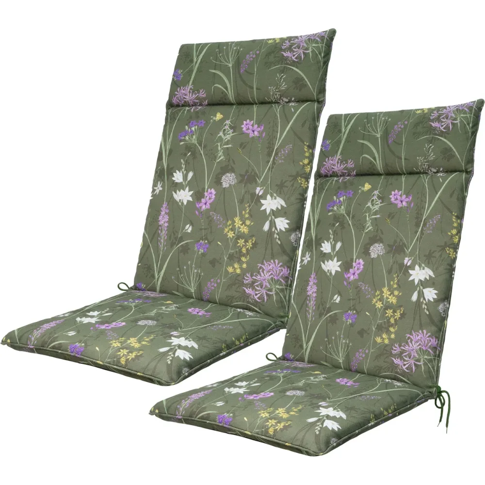 2er-Set Hochlehner-Auflage, Gartenstuhlkissen wasserabweisend, Blumenmuster grün, 120x50cm