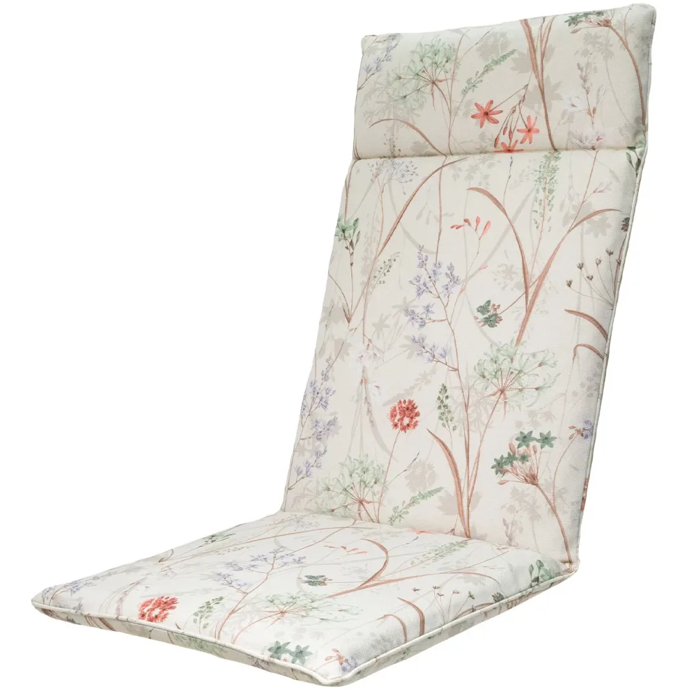 Hochlehner-Auflage, Gartenstuhlkissen wasserabweisend, Blumenmuster weiss, 120 x 50 cm