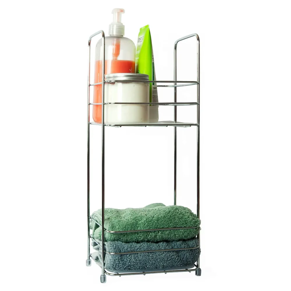 Badezimmer-Regal aus verchromtem Metall, 2 Fächer, 16 x 40 x 16 cm