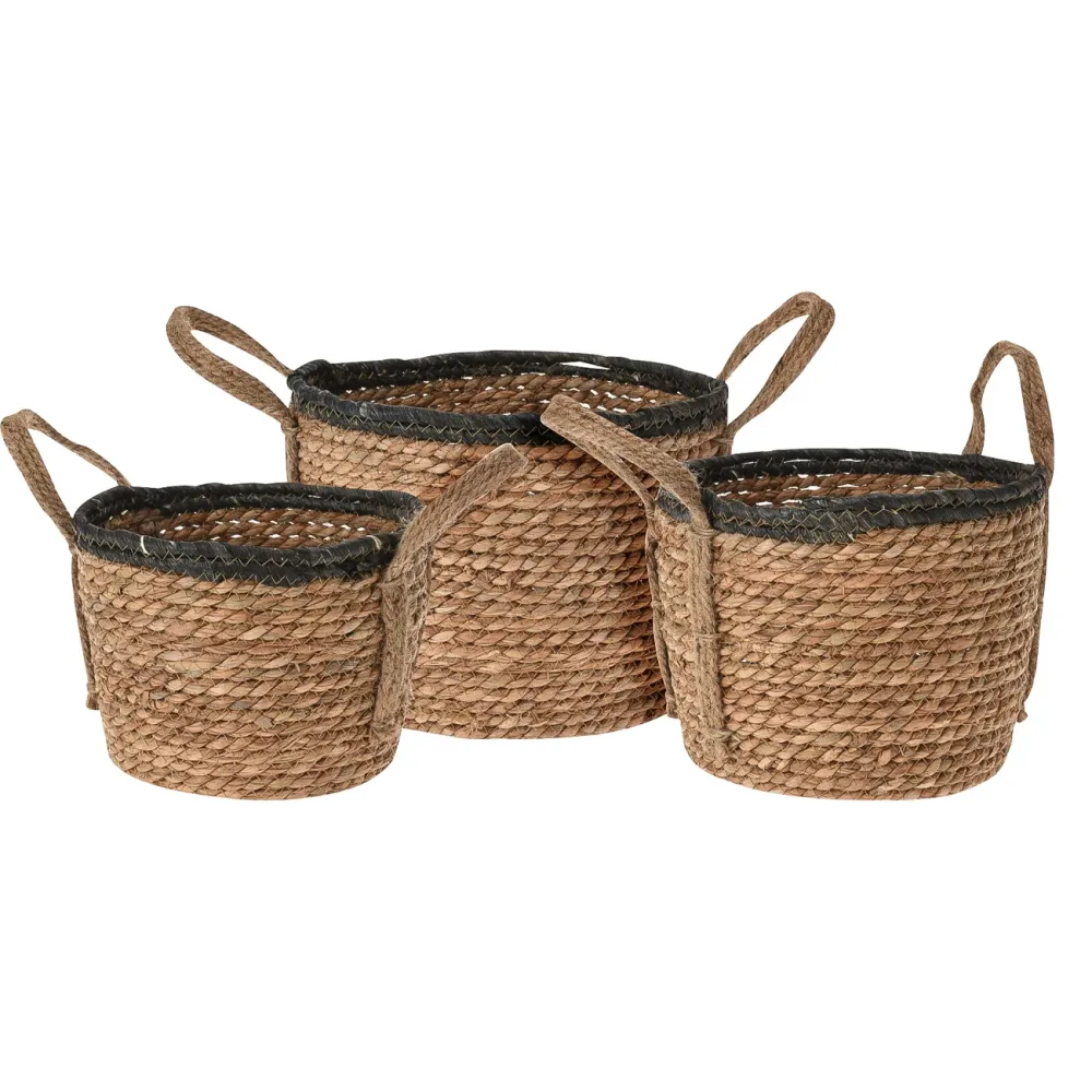 3-teiliges Körbe-Set aus Rattan, rund, mit jeweils 2 Henkel, braun & schwarz, Übertopf