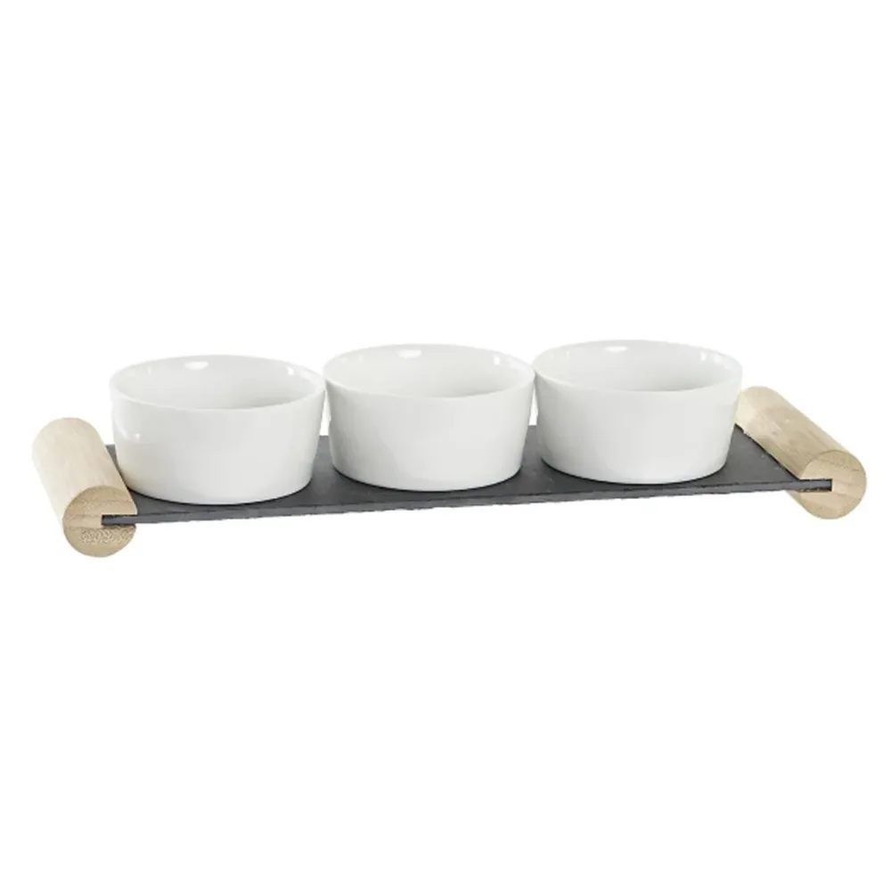 Tapas Set aus Holz, Keramik und Schiefer, Vorspeisen Teller, braun, schwarz, weiss