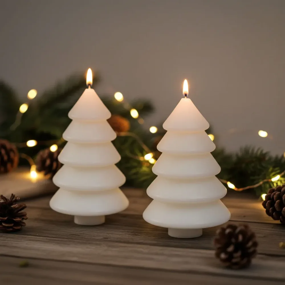 Deko Kerze Tannenbaum 2er-Set, Stimmungskerzen mit Docht, weiss, H 12 cm