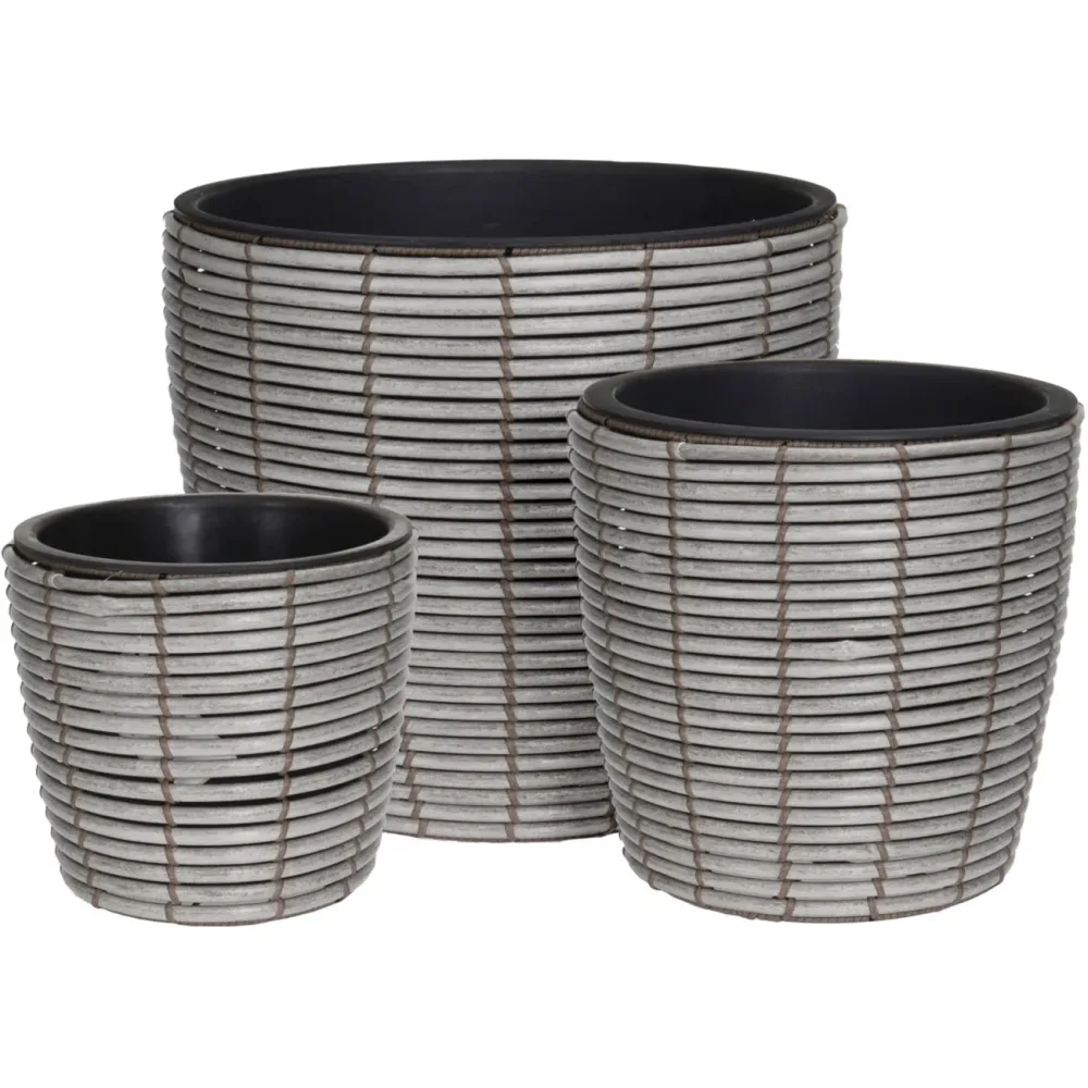 3er Set Blumentöpfe, Grau mit Korbmuster, Übertöpfe Ø 25 / 31 / 40 cm