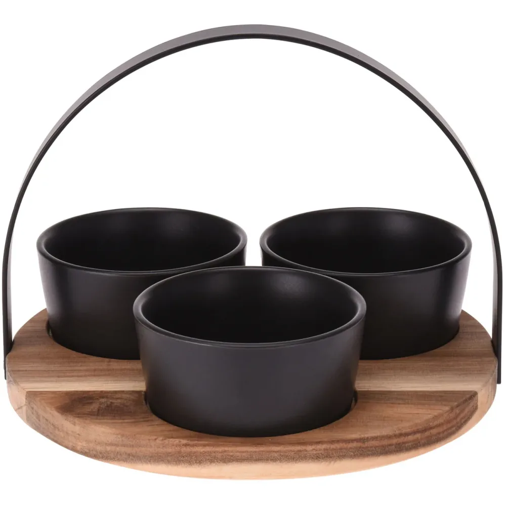 Servier-Set, Steingut, schwarz, mit Holztablett und Metallbogen, 3 Schalen