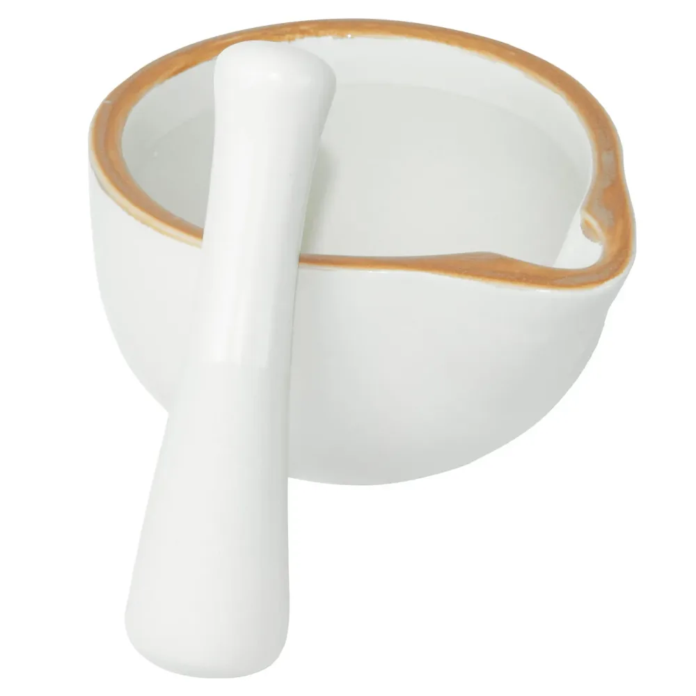 Mörser mit Stössel aus Keramik, weiss-braun, 330 ml