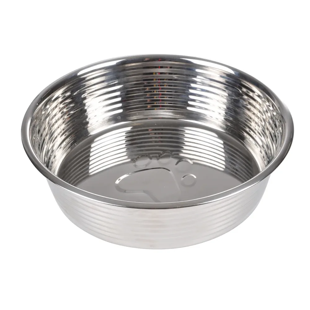 Fressnapf aus Edelstahl, Futternapf mit Rillen und Pfotenmotiv, silber, Ø 17 cm