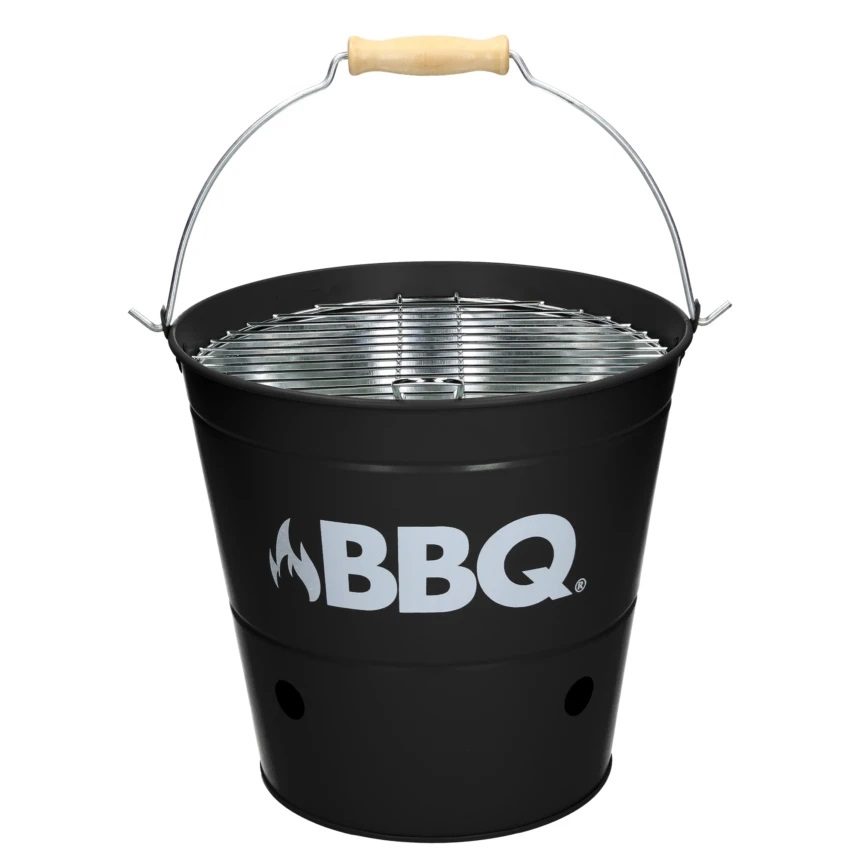 Grilleimer aus Metall mit Aufdruck, Campinggrill mit Henkel, schwarz, 26,5 x 25 cm