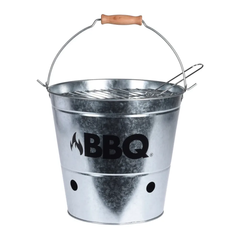 Grilleimer aus Zink mit Aufdruck, Campinggrill mit Henkel, silber, schwarz, 26,5 x 25 cm