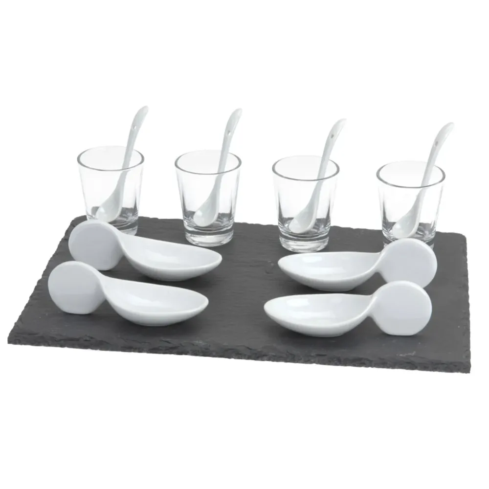 Amuse-Set für Appetizer und Häppchen, Porzellan, Glas und Schieferstein, 13 tlg.