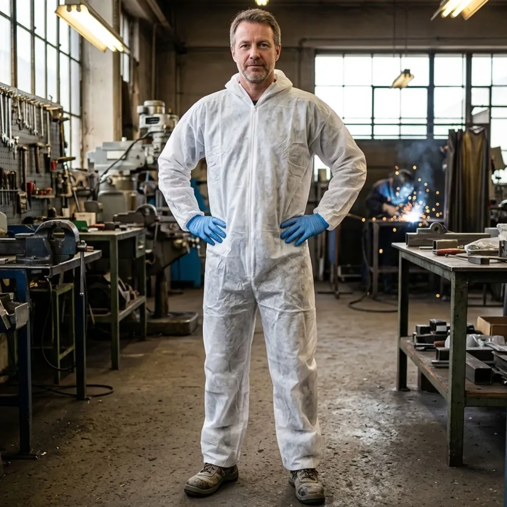 Schutzanzug aus Polypropylen-Gewebe, Einweg-Overall mit Reissverschluss, Einheitsgrösse