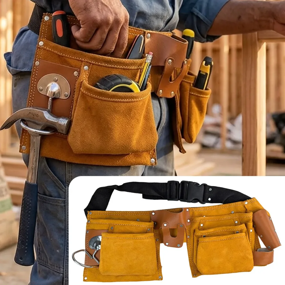 Werkzeuggürtel 11-teilig aus Leder, Werkzeugschürze mit Nagelbeutel und Hammerhalter