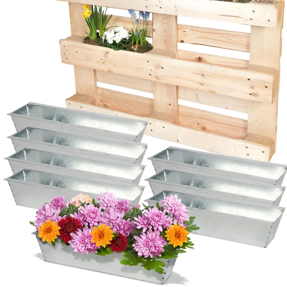 8er-Set Pflanzkasten für Europaletten, Blumenkübel aus verzinktem Metall, 38,5x13,5x8,5cm