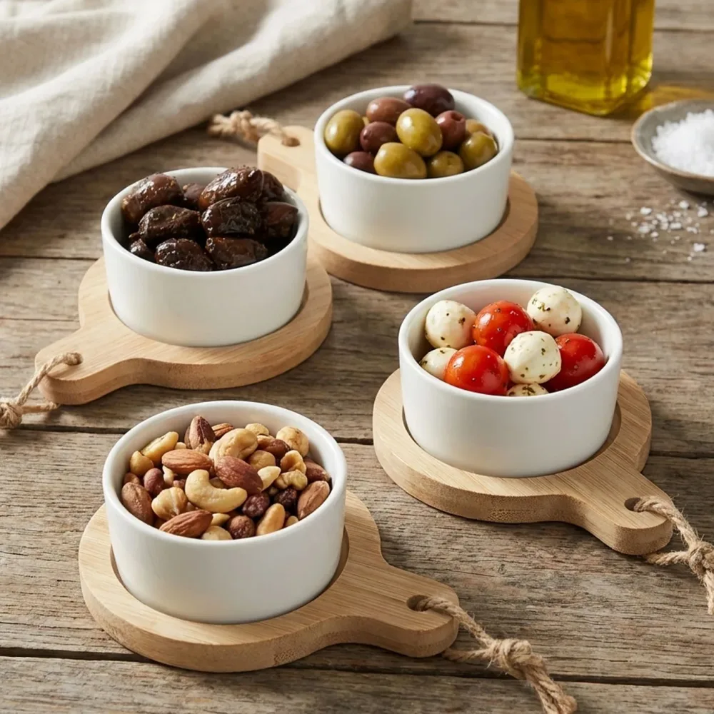 4er-Set Bambus-Bowls, Tapas-Schalen aus Keramik auf Servierbrett, Ø 7,5 x H 9 cm