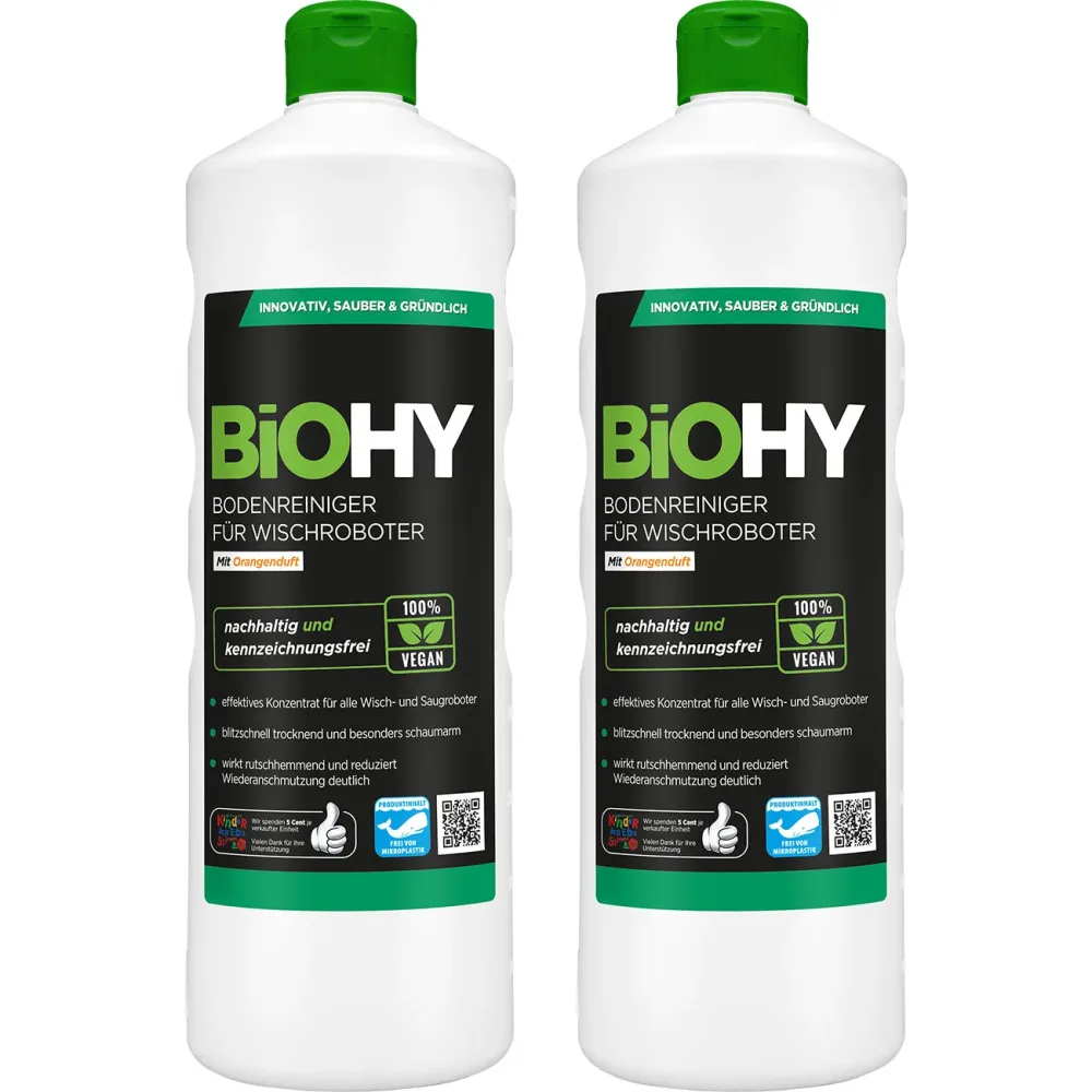 2er-Set BioHy Bodenreiniger für Wischroboter mit Orangenduft 1L
