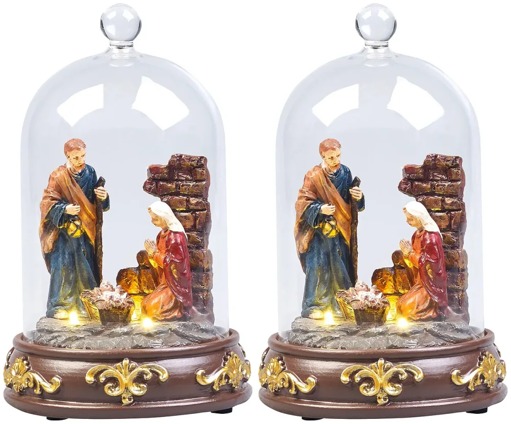 2er-Set Weihnachtskrippen mit Glasglocke, LED-Beleuchtung, handbemalt