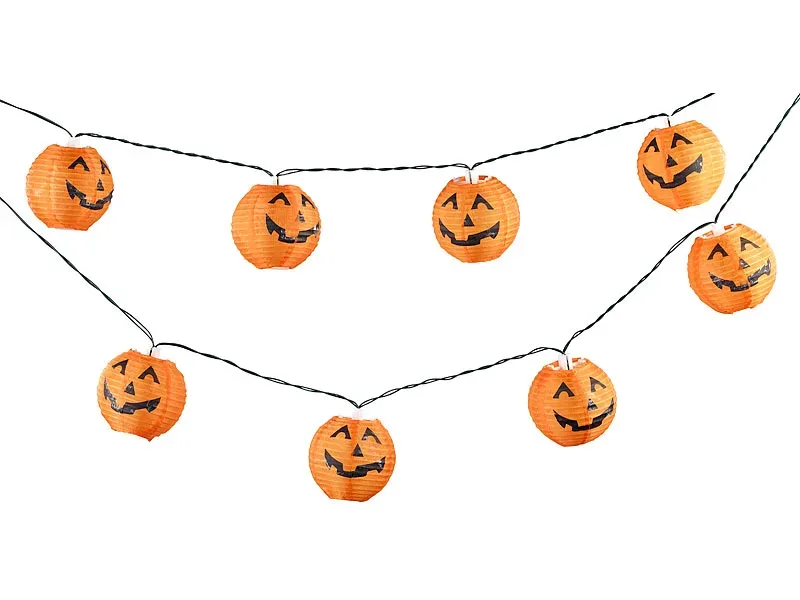 Solar-Lichterkette mit 10 LED-Lampions im Halloween-Kürbis-Look, IP44