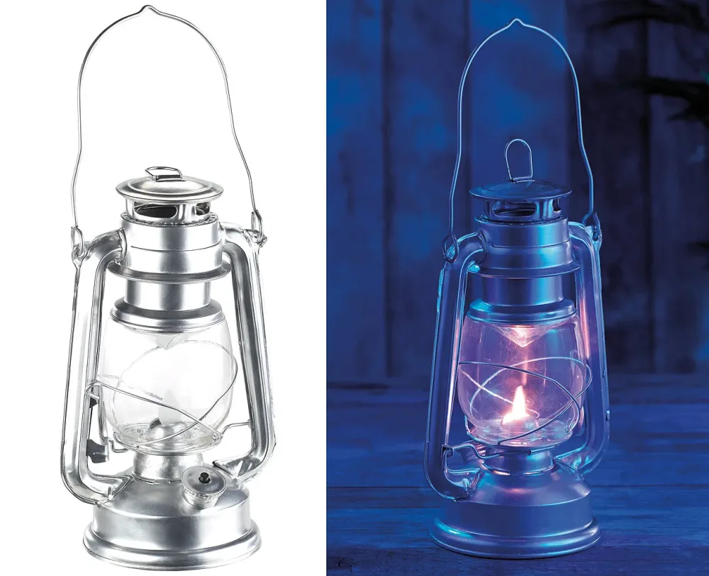LED-Sturmleuchte im Öllampen-Design, Flammen-Imitation, silberfarben