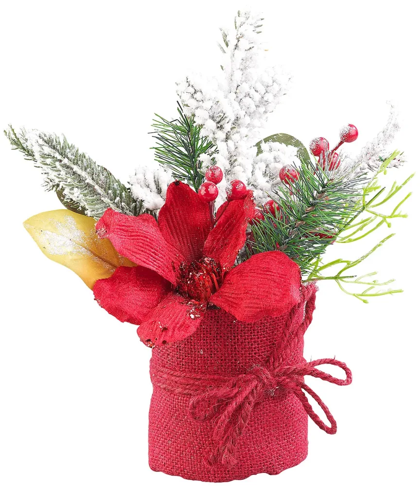 Weihnachts-Gesteck mit Blumen, Zweigen, Beeren und Kunst-Schnee, 27 cm