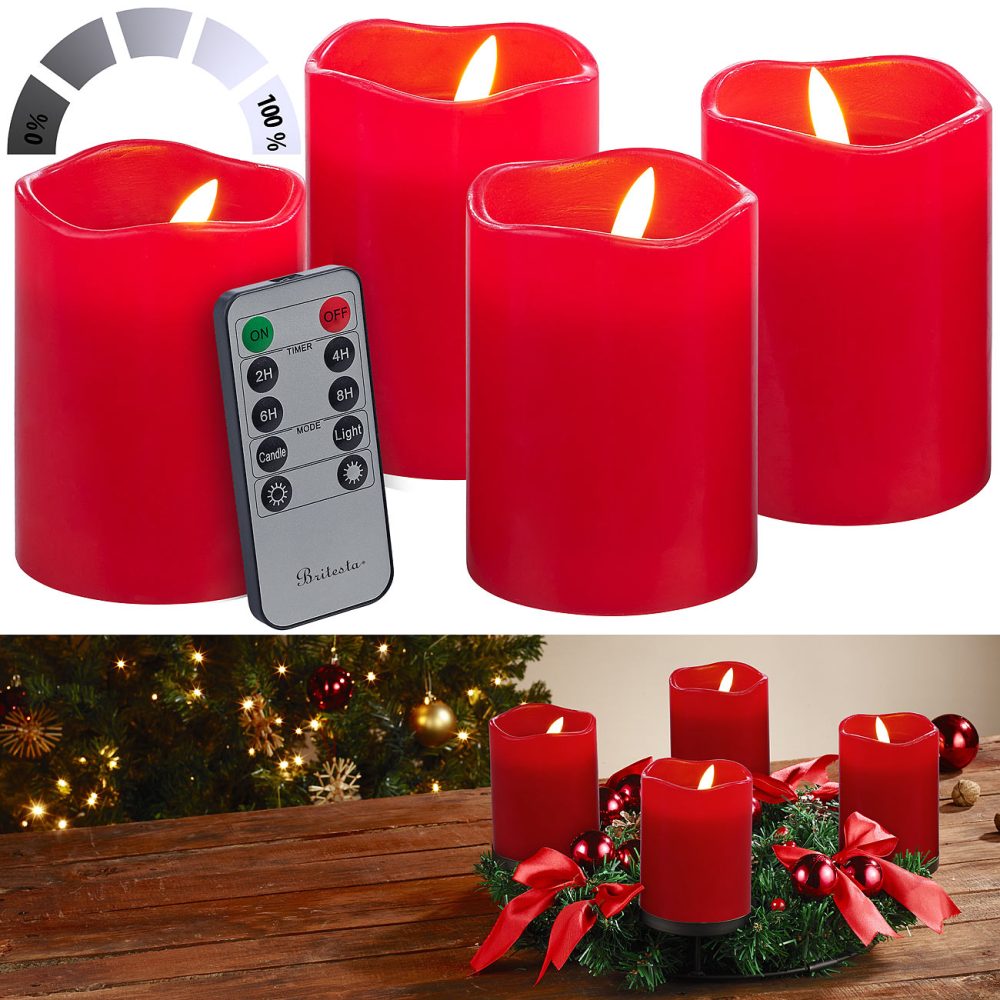 4er-Set flackernde LED-Adventskerzen mit Fernbedienung, dimmbar, rot
