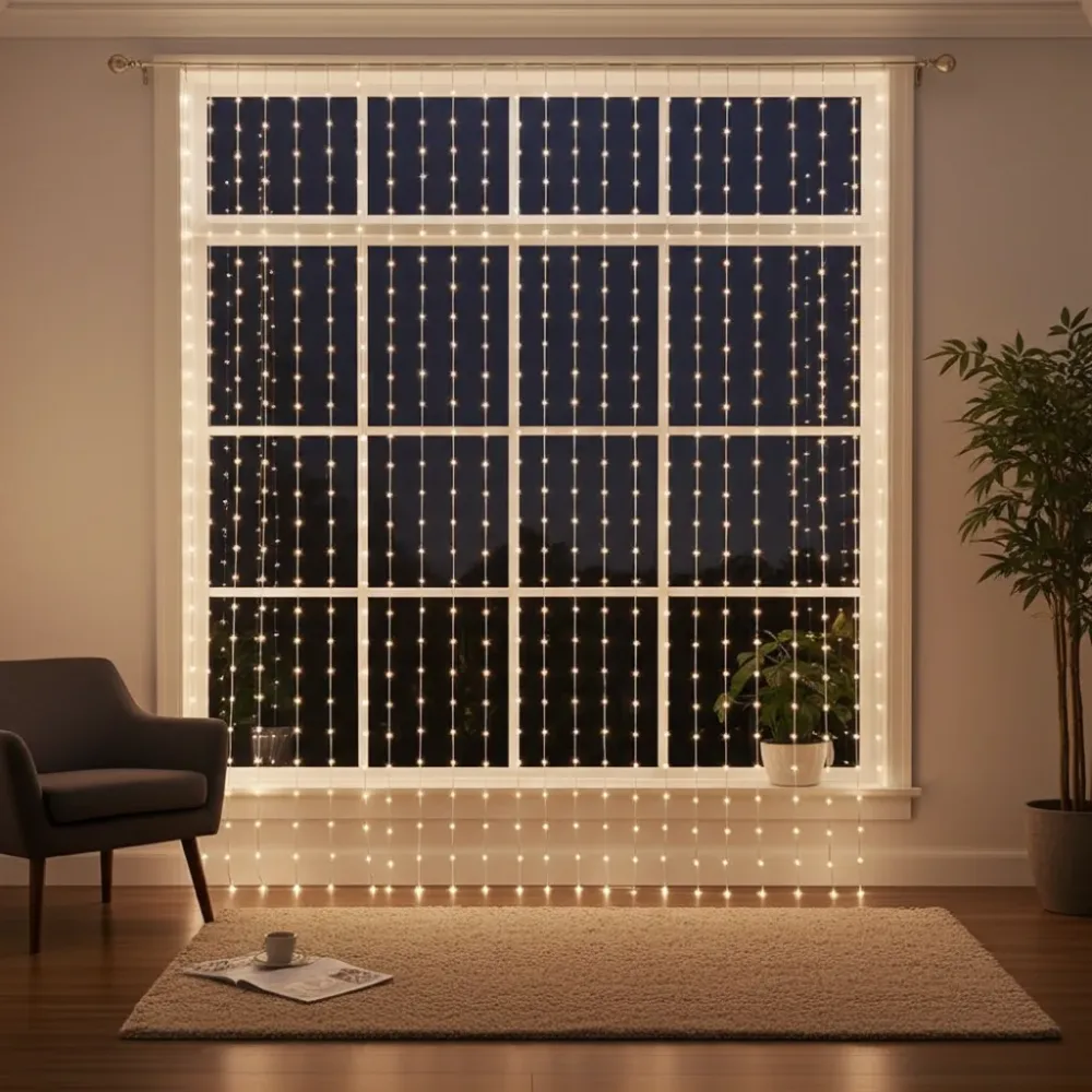 2er-Set LED-Lichtervorhang, 300 LEDs, Fernbedienung, 3 x 3 m, warmweiss