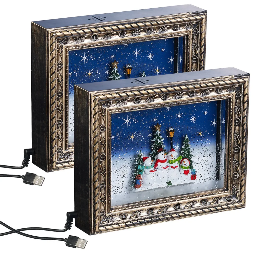 2er-Set Weihnachts-Bilderrahmen mit LEDs, Schneewirbel, Musik und Timer