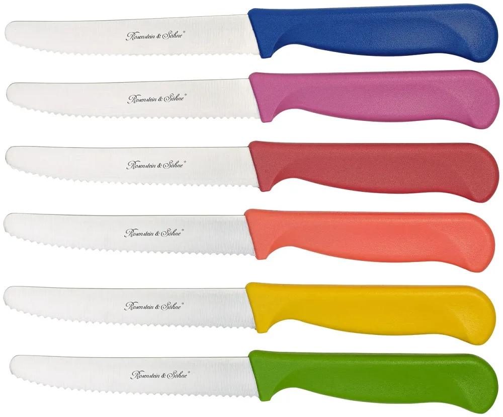 6er-Set bunte Frühstücksmesser mit Wellenschliff, 11,4 cm Klingenlänge