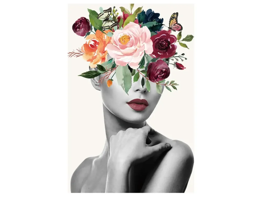 image LAND Digitaldruck auf Glas Lady mit Blumenperücke  | Schubiger Möbel