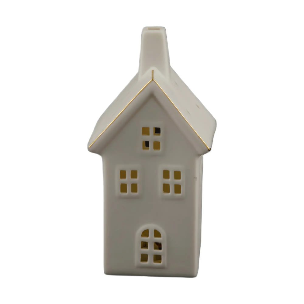 Decofinder Windlicht Haus Aus Porzellan, Weiss Gold H: 17 cm  | Schubiger Möbel