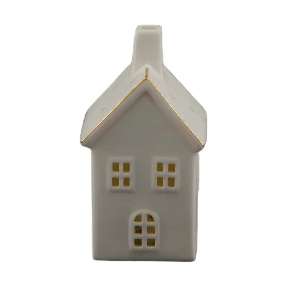 Decofinder Windlicht Haus Aus Porzellan, Weiss Gold H: 13 cm  | Schubiger Möbel