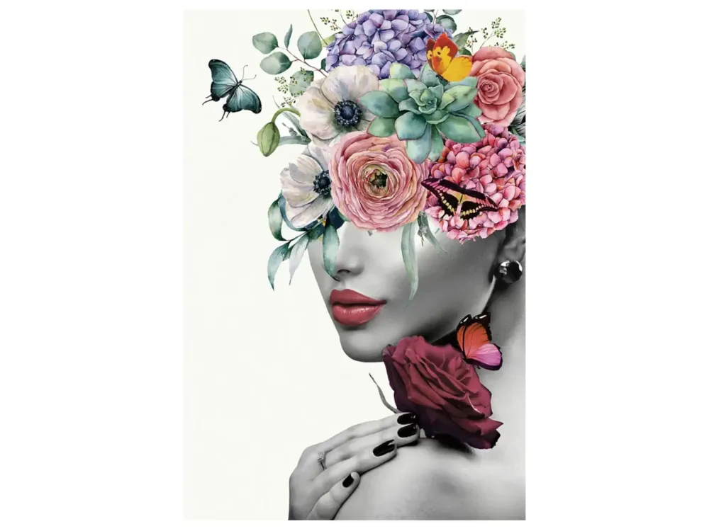 image LAND Digitaldruck auf Glas Lady mit Blumenperücke  | Schubiger Möbel