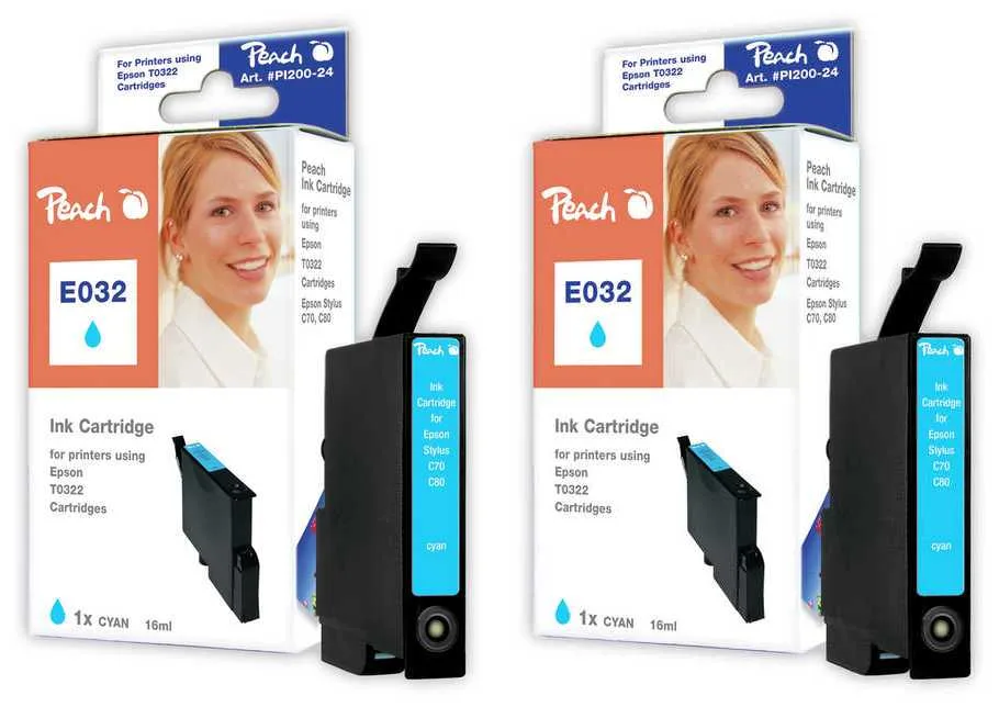 Peach E322 C 2 Druckerpatronen 2*cy ersetzt Epson T0322C*2, C13T03224010 für z.B. Epson Stylus C 70, Epson Stylus C 70 Plus, Epson Stylus C 80