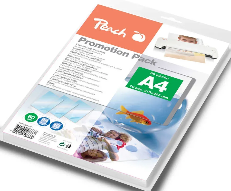 Peach Laminierfolie A4 Starterpack | 80 mic | 10 St. | glänzend | geeignet für alle Laminiergeräte | PPR080-20