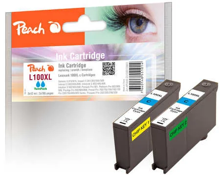 Peach L100 XLC Doppelpack 2 Druckerpatronen XL 2*cy ersetzt Lexmark No. 100XLC*2, 14N1069E, 14N1093 für z.B. Lexmark Genesis S 810, Lexmark Pro 200
