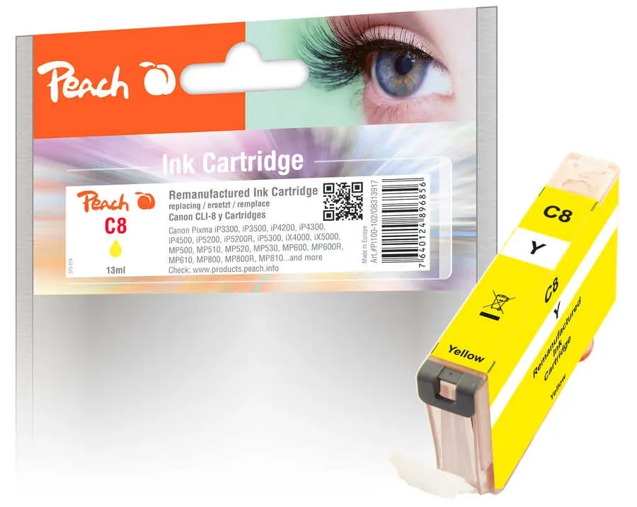 Peach C8 Y Druckerpatrone XL ye ersetzt Canon CLI-8Y, 0623B001, 0623B026 für z.B. Canon Pixma IP 5200, Canon Pixma IP 3300, Canon Pixma IP 3500