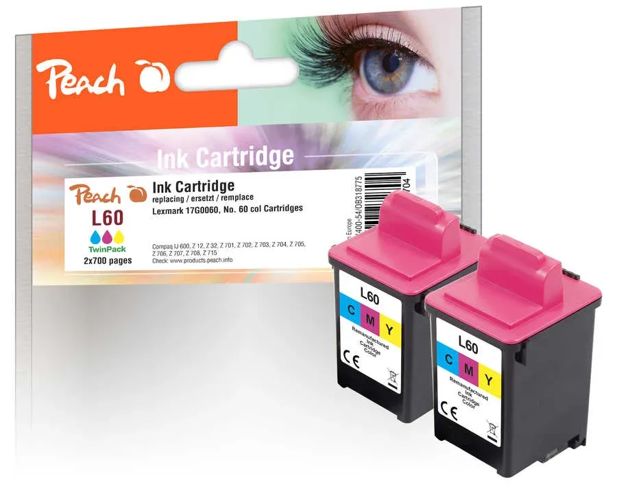 Peach L60 C 2 Druckköpfe 2*col ersetzt Lexmark, Compaq No. 60C*2, 17G0060 für z.B. Compaq IJ 600, Lexmark Z 12, Lexmark Z 22, Lexmark Z 32
