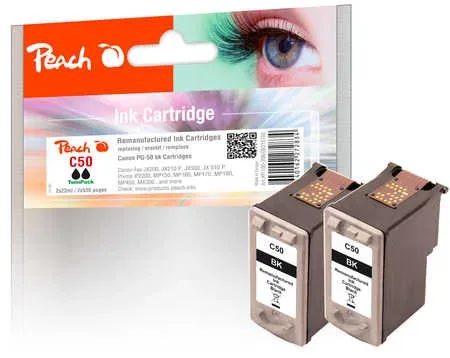 Peach C50 BK 2 Druckköpfe XL 2*bk ersetzt Canon PG-50BK*2, 0616B001 für z.B. Canon Fax JX 200, Canon Fax JX 210 P, Canon Fax JX 500