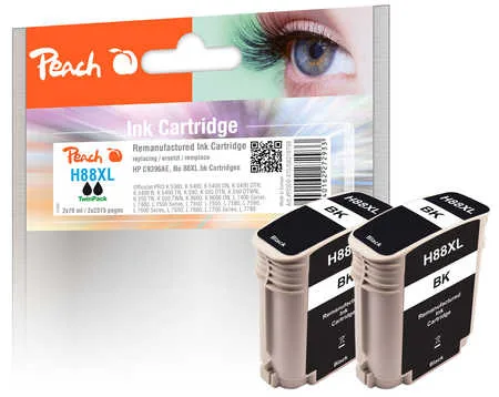 Peach HP 88 XLbk 2 Druckerpatronen XL 2*bk ersetzt HP No. 88XL bk*2, C9396AE*2 für z.B. HP OfficeJet Pro K 5300, HP OfficeJet Pro K 5400