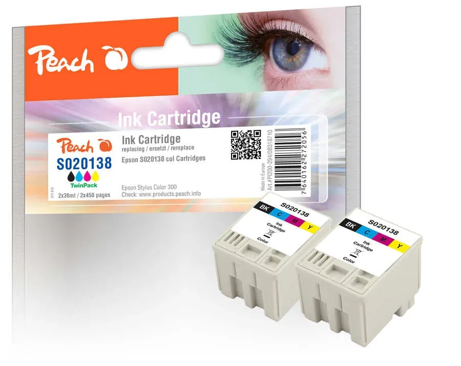 Peach E138 2 Druckerpatronen (2*col, bk) ersetzt Epson S020138 für z.B. Epson Stylus Color 300