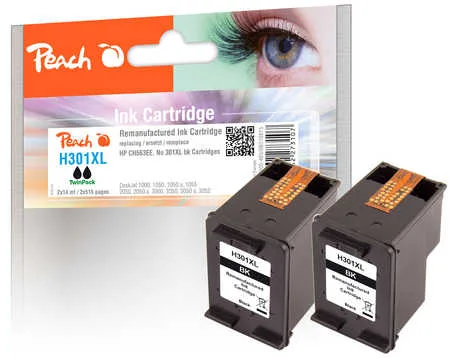 Peach HP 301 XLbk 2 Druckköpfe XL 2*bk ersetzt HP No. 301XL bk*2, D8J45AE für z.B. HP Envy 5530, HP DeskJet 1000, HP DeskJet 1010, HP DeskJet 1050