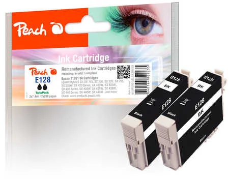 Peach E128 2 Druckerpatronen 2*bk ersetzt Epson T1281 bk*2, C13T12814011 für z.B. Epson Stylus SX 230, Epson Stylus SX 235 W, Epson Stylus S 22