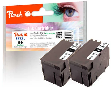 Peach E27 2 Druckerpatronen XL 2*bk ersetzt Epson T2711*2, No. 27XL bk*2, C13T27114010*2 für z.B. Epson WorkForce WF -3600, Epson WorkForce WF -7600