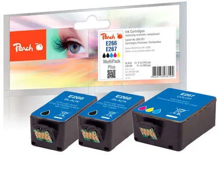 Peach E266 3 Druckerpatronen (2*bk, col) ersetzt Epson No. 266*2, No. 277, C13T26614010*2, C13T26704010 für z.B. Epson WorkForce WF -100 W